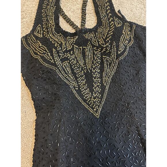 100% Silk Beaded Formal Halter Dress Size XS Statement Dress Glam Luxe - Picture 5 of 14